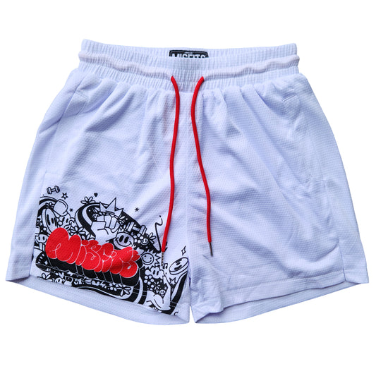 MID-THIGH ‘MISFITS’ SHORTS - WHITE/RED